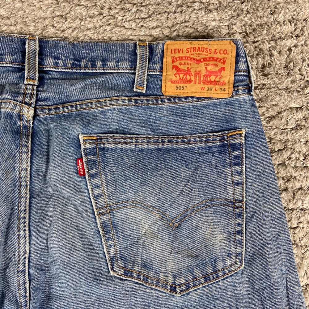 Levi's 505 Jeans Mens 38x34 Blue Denim Regular Straight Distressed Hem Dad Core